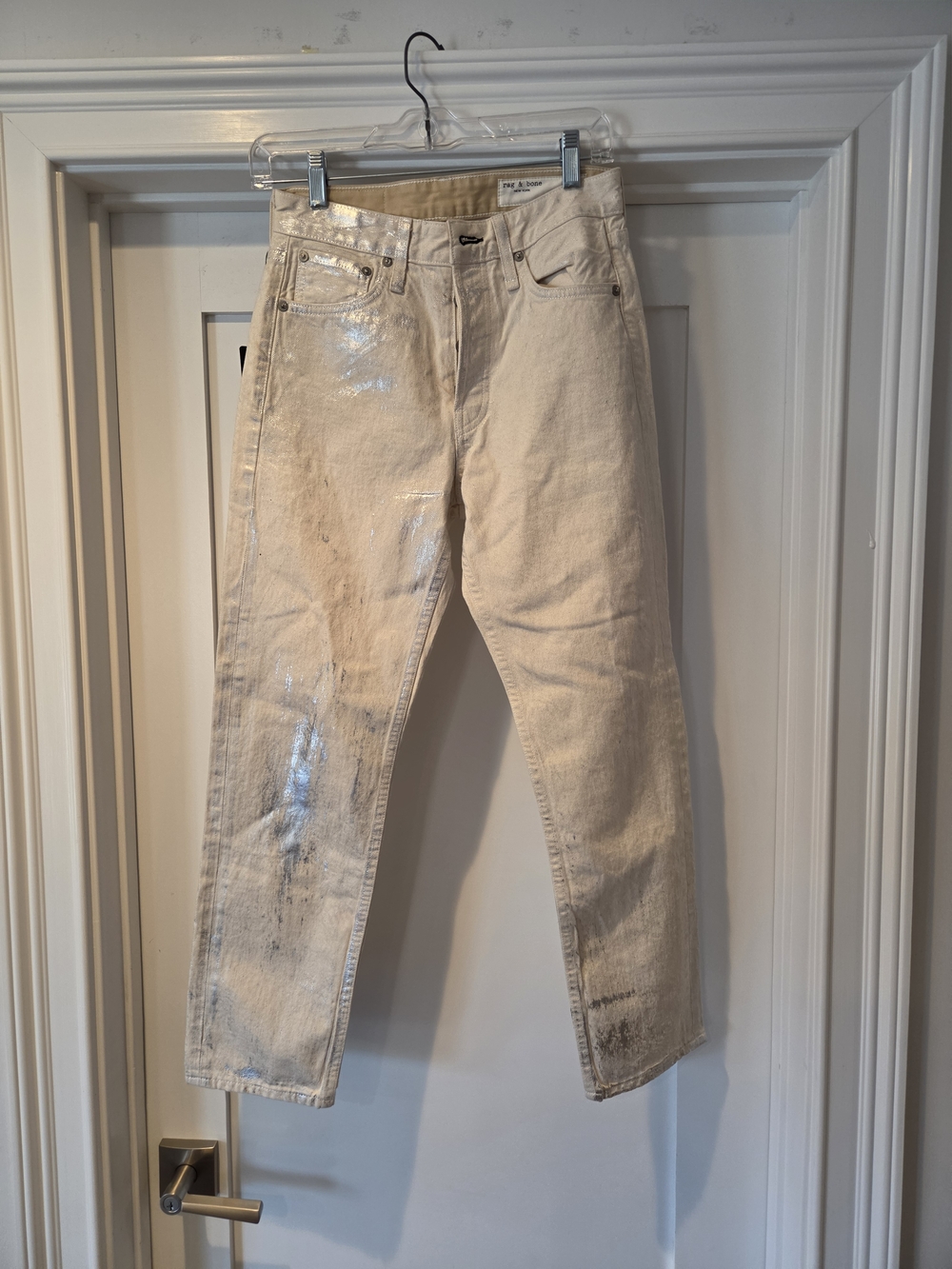 rag & bone Cream High Rise Ankle Slim Straight Jeans with Metallic Paint Detail
